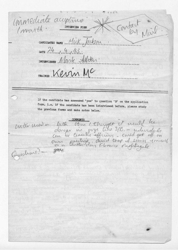 Interview notes taken by Mark Ashton when Mike Jackson applied to become a Switchboard volunteer.