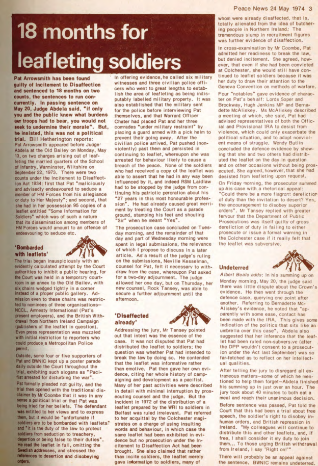 Article published in Peace News on 24 May 1974 titled '18 months for leafletting soldiers'.