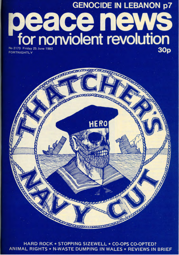 Front cover of Peace News, blue and white. Image of a skeleton in a naval uniform, with 'hero' written on the cap.