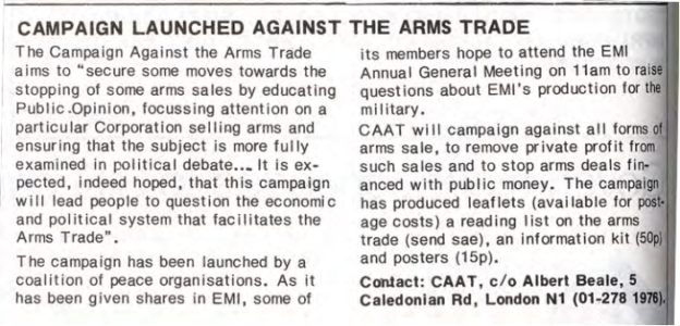 Black and white text: an article in Peace News, Campaign launched against the arms trade.