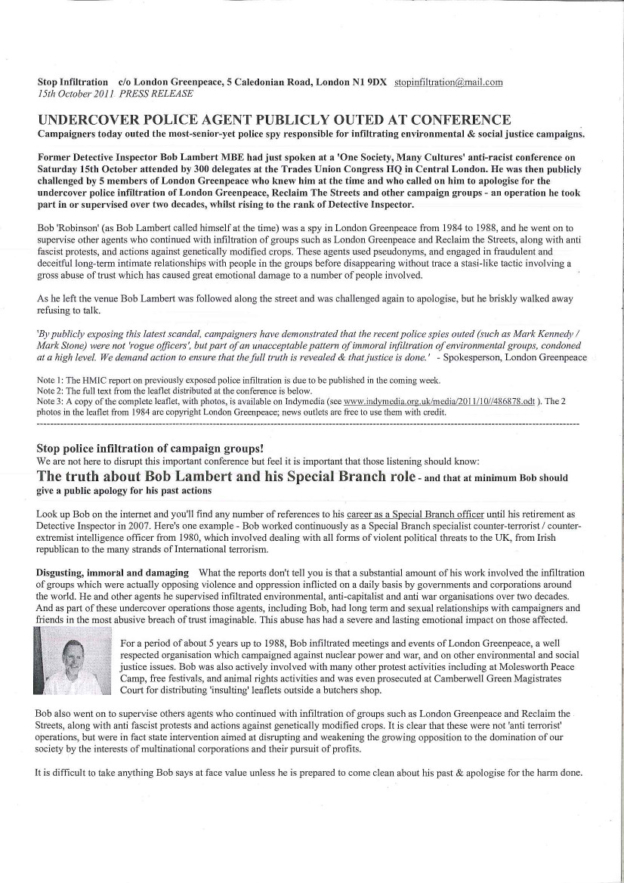 Black and white text, press release with details of an undercover police officer being outed at a conference